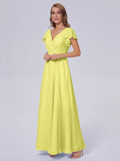 Genevieve V Neck Chiffon Long Bridesmaid Dresses with Sleeves