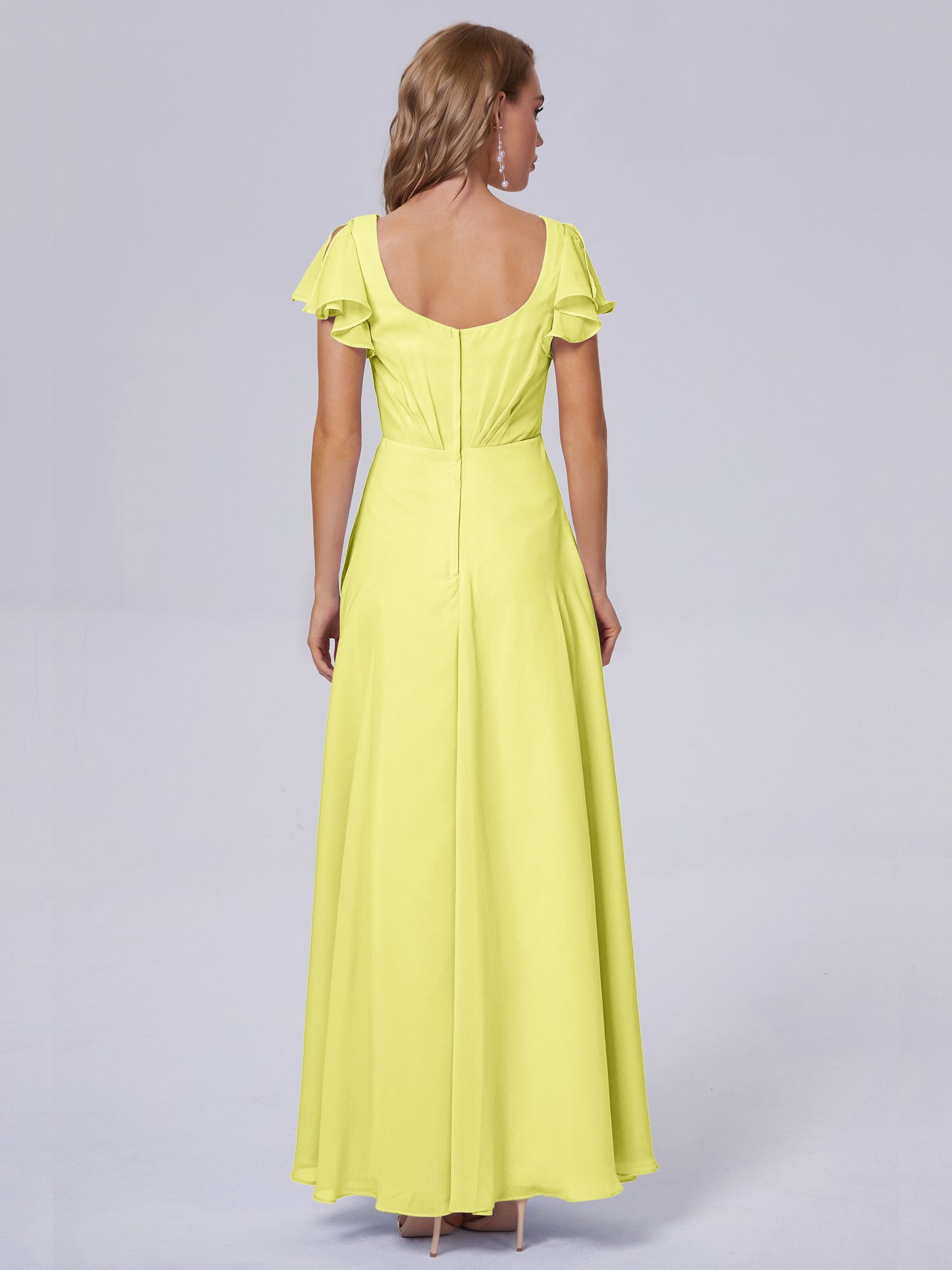 Genevieve V Neck Chiffon Long Bridesmaid Dresses with Sleeves