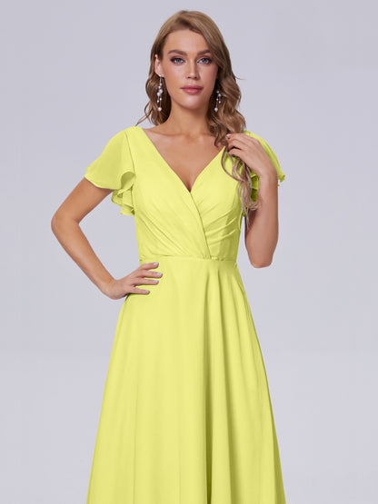 Genevieve V Neck Chiffon Long Bridesmaid Dresses with Sleeves
