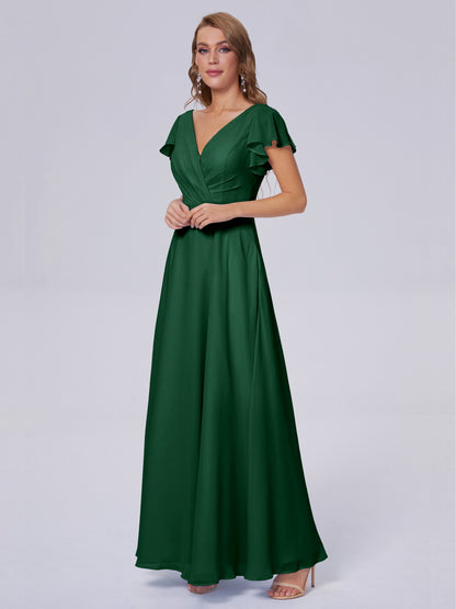 Genevieve V Neck Chiffon Long Bridesmaid Dresses with Sleeves