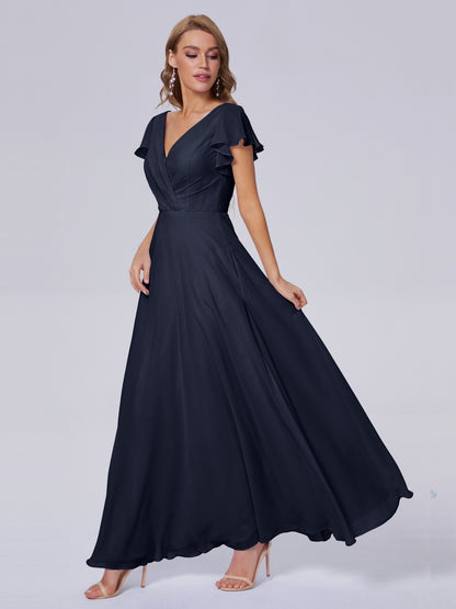 Genevieve V Neck Chiffon Long Bridesmaid Dresses with Sleeves