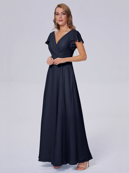 Genevieve V Neck Chiffon Long Bridesmaid Dresses with Sleeves