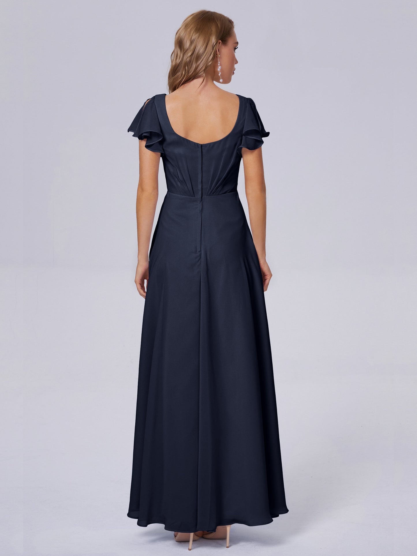 Genevieve V Neck Chiffon Long Bridesmaid Dresses with Sleeves