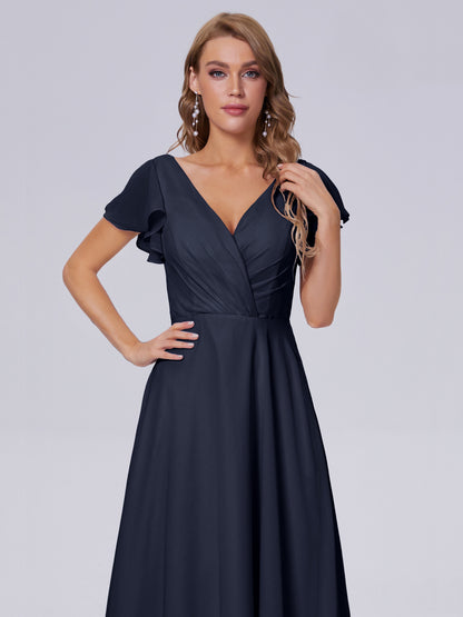 Genevieve V Neck Chiffon Long Bridesmaid Dresses with Sleeves