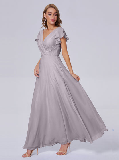 Genevieve V Neck Chiffon Long Bridesmaid Dresses with Sleeves
