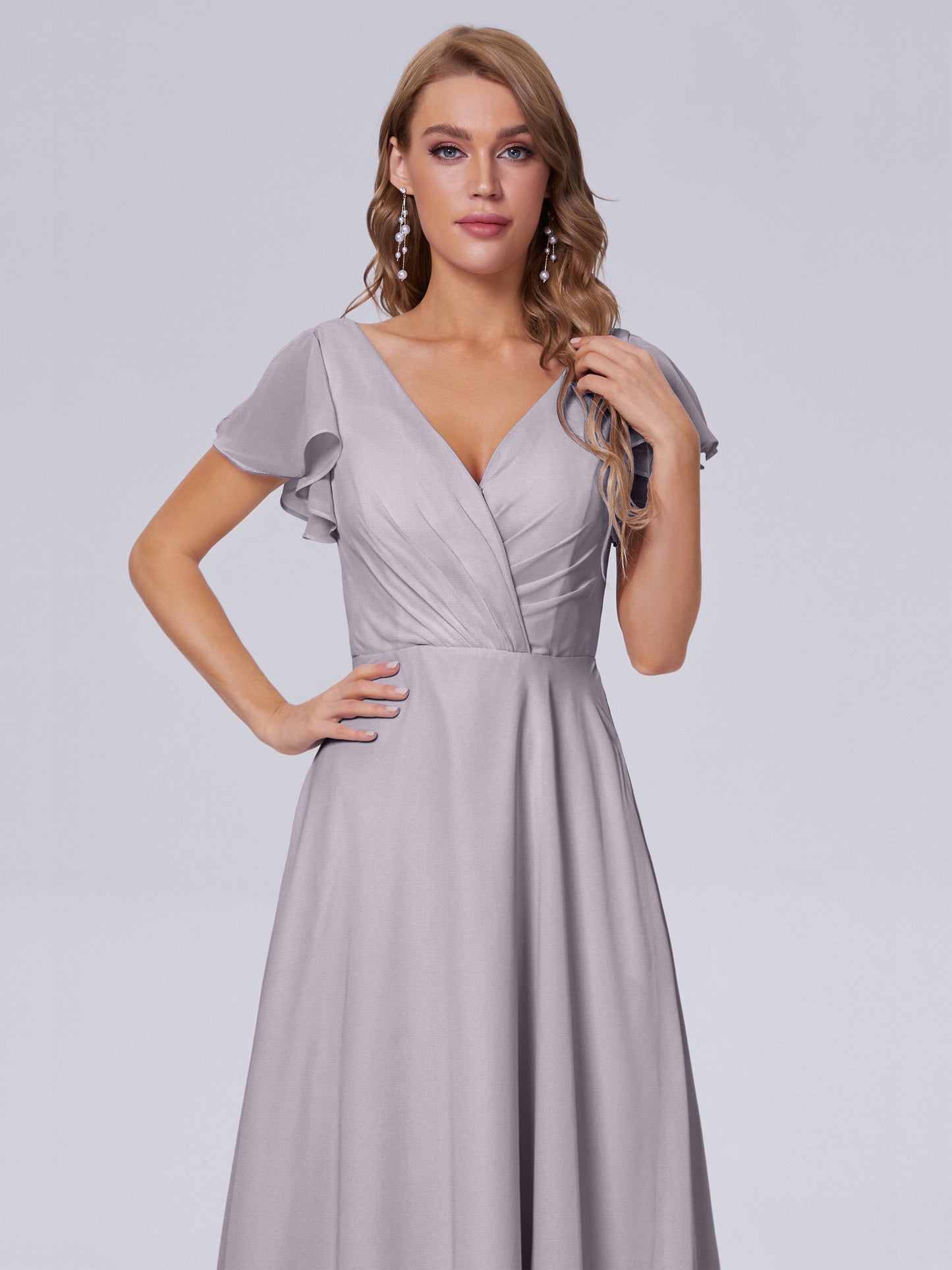 Genevieve V Neck Chiffon Long Bridesmaid Dresses with Sleeves