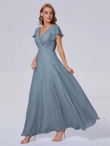 Genevieve V Neck Chiffon Long Bridesmaid Dresses with Sleeves