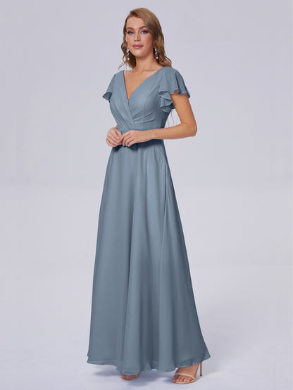 Genevieve V Neck Chiffon Long Bridesmaid Dresses with Sleeves