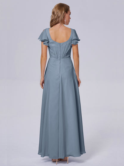 Genevieve V Neck Chiffon Long Bridesmaid Dresses with Sleeves