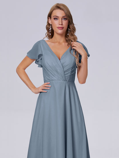 Genevieve V Neck Chiffon Long Bridesmaid Dresses with Sleeves