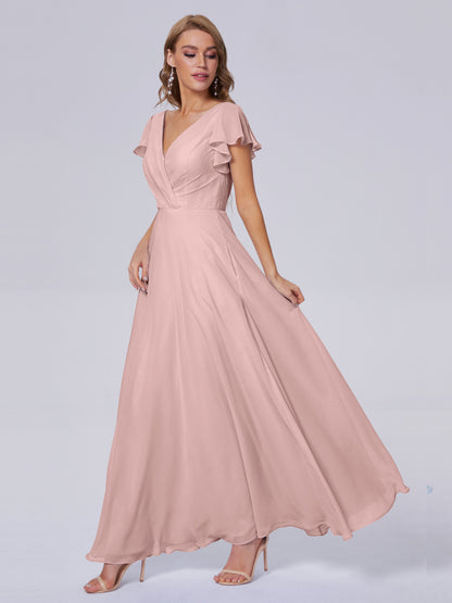 Genevieve V Neck Chiffon Long Bridesmaid Dresses with Sleeves