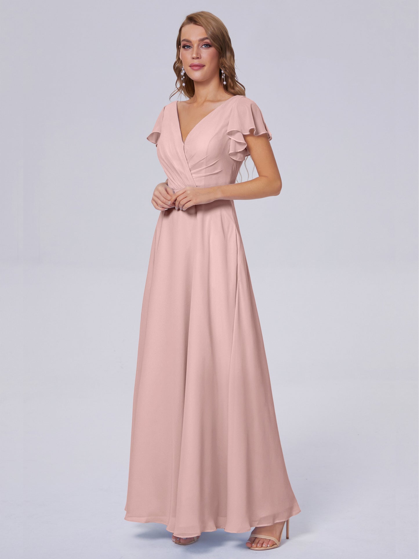Genevieve V Neck Chiffon Long Bridesmaid Dresses with Sleeves