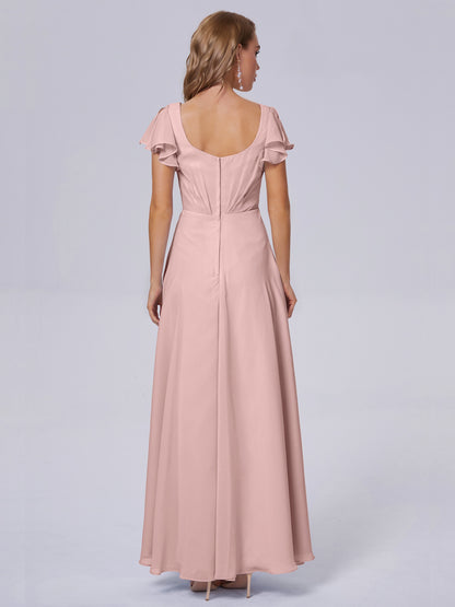 Genevieve V Neck Chiffon Long Bridesmaid Dresses with Sleeves