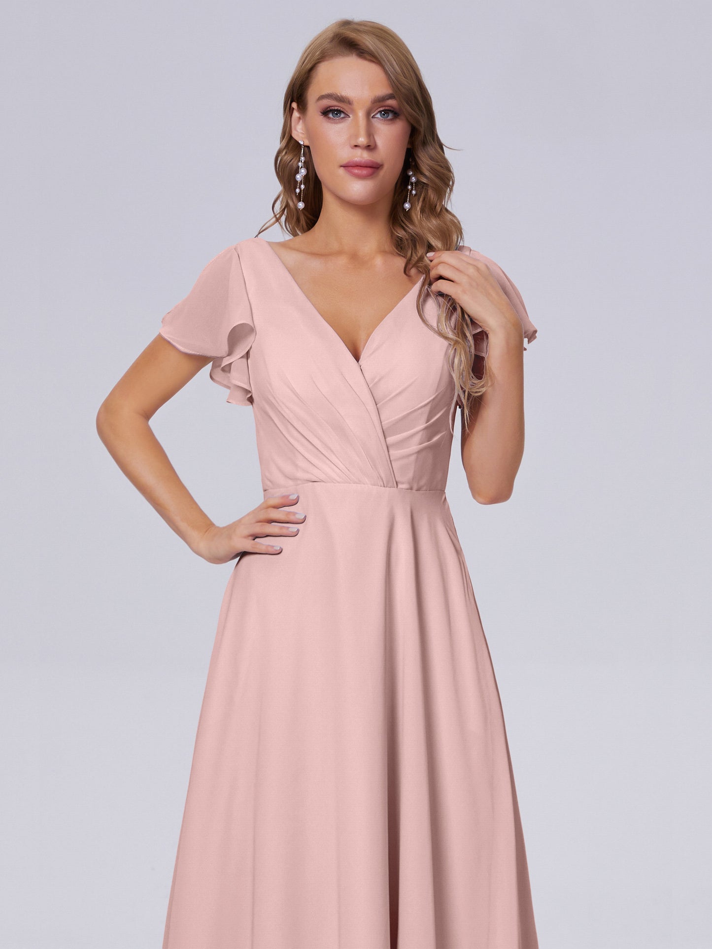 Genevieve V Neck Chiffon Long Bridesmaid Dresses with Sleeves