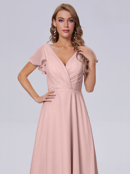 Genevieve V Neck Chiffon Long Bridesmaid Dresses with Sleeves