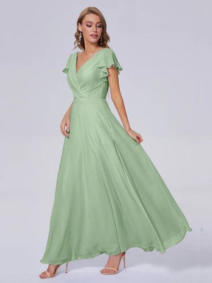 Genevieve V Neck Chiffon Long Bridesmaid Dresses with Sleeves