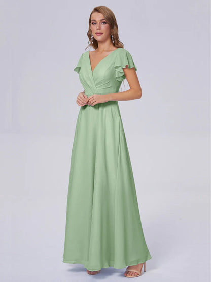 Genevieve V Neck Chiffon Long Bridesmaid Dresses with Sleeves