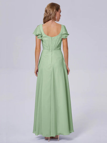 Genevieve V Neck Chiffon Long Bridesmaid Dresses with Sleeves