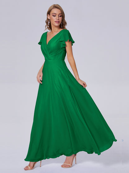Genevieve V Neck Chiffon Long Bridesmaid Dresses with Sleeves