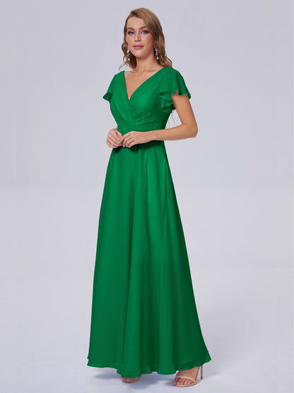 Genevieve V Neck Chiffon Long Bridesmaid Dresses with Sleeves