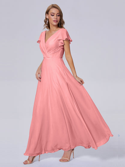 Genevieve V Neck Chiffon Long Bridesmaid Dresses with Sleeves