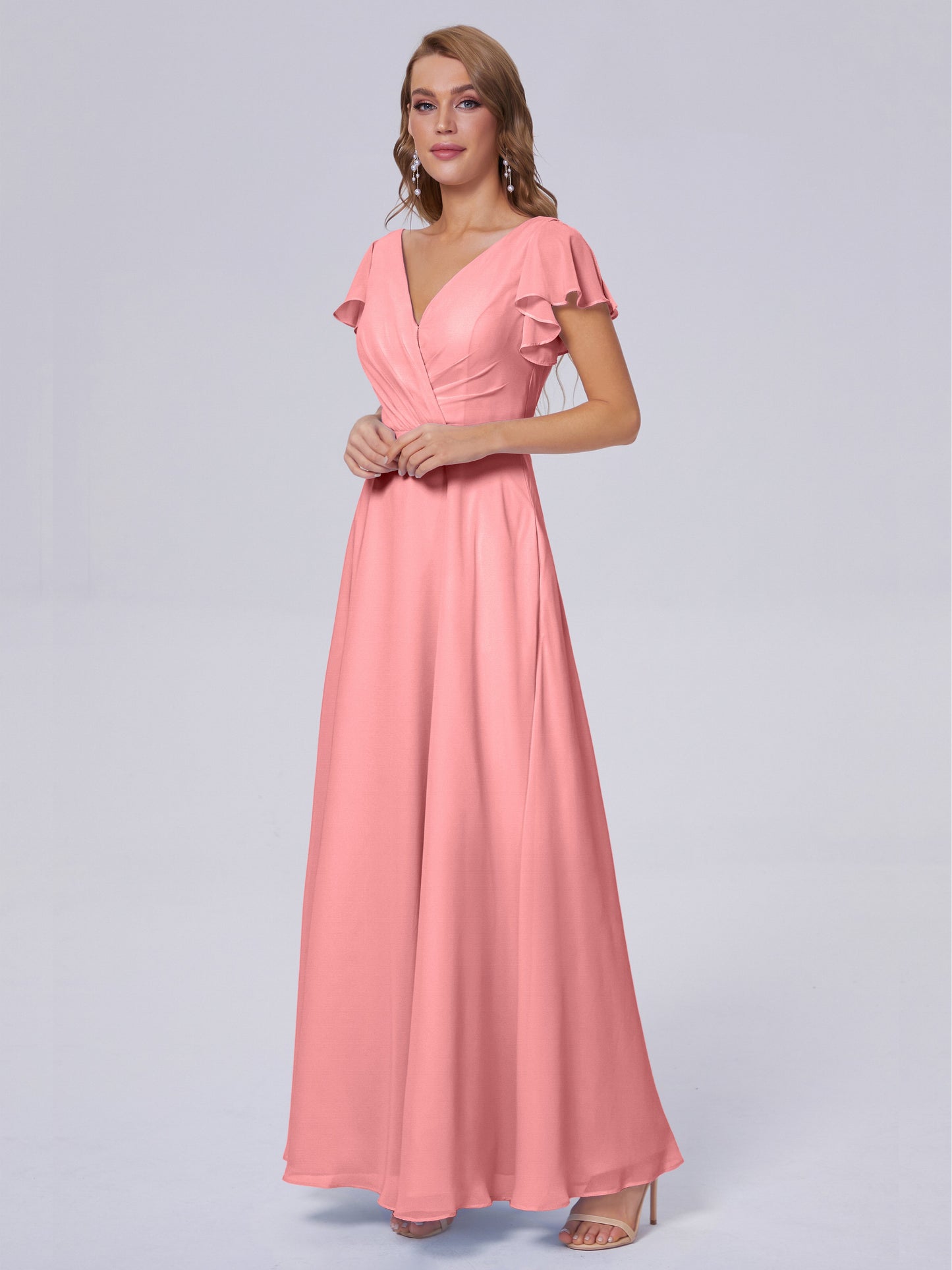 Genevieve V Neck Chiffon Long Bridesmaid Dresses with Sleeves