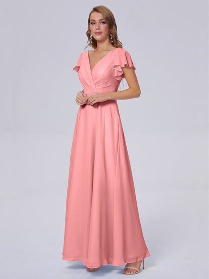 Genevieve V Neck Chiffon Long Bridesmaid Dresses with Sleeves