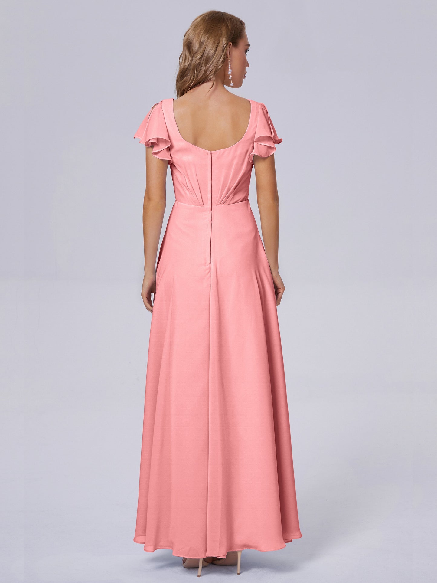 Genevieve V Neck Chiffon Long Bridesmaid Dresses with Sleeves