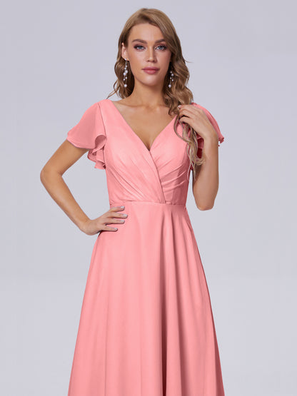 Genevieve V Neck Chiffon Long Bridesmaid Dresses with Sleeves