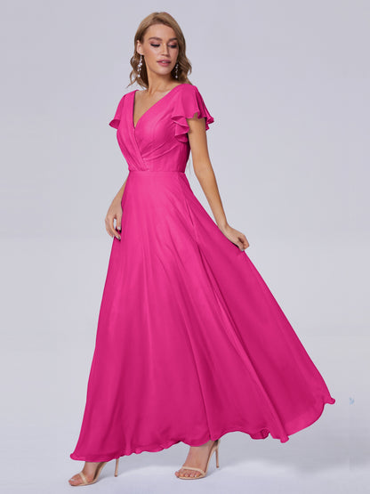 Genevieve V Neck Chiffon Long Bridesmaid Dresses with Sleeves
