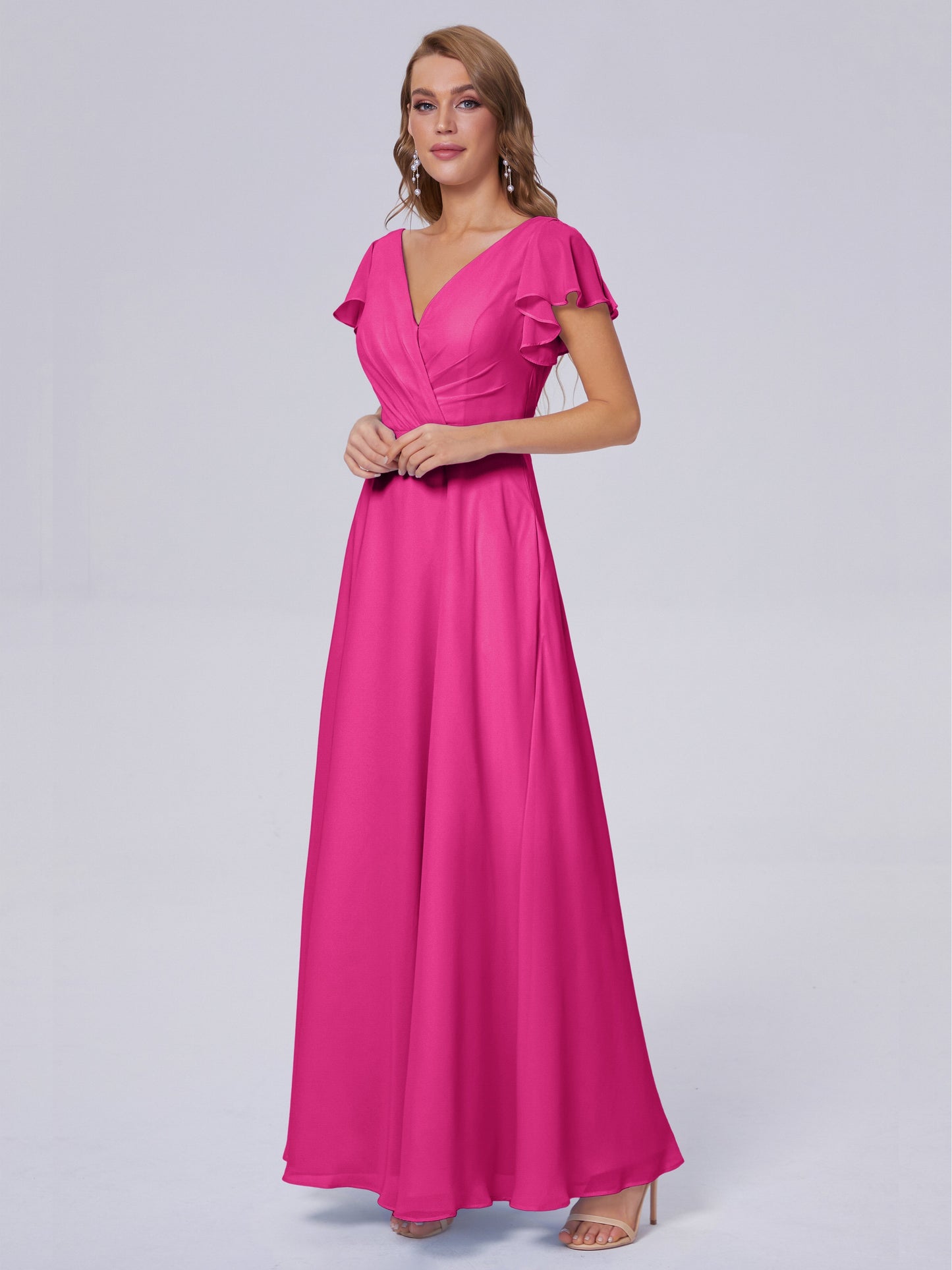 Genevieve V Neck Chiffon Long Bridesmaid Dresses with Sleeves