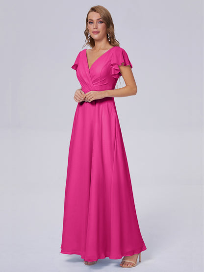 Genevieve V Neck Chiffon Long Bridesmaid Dresses with Sleeves