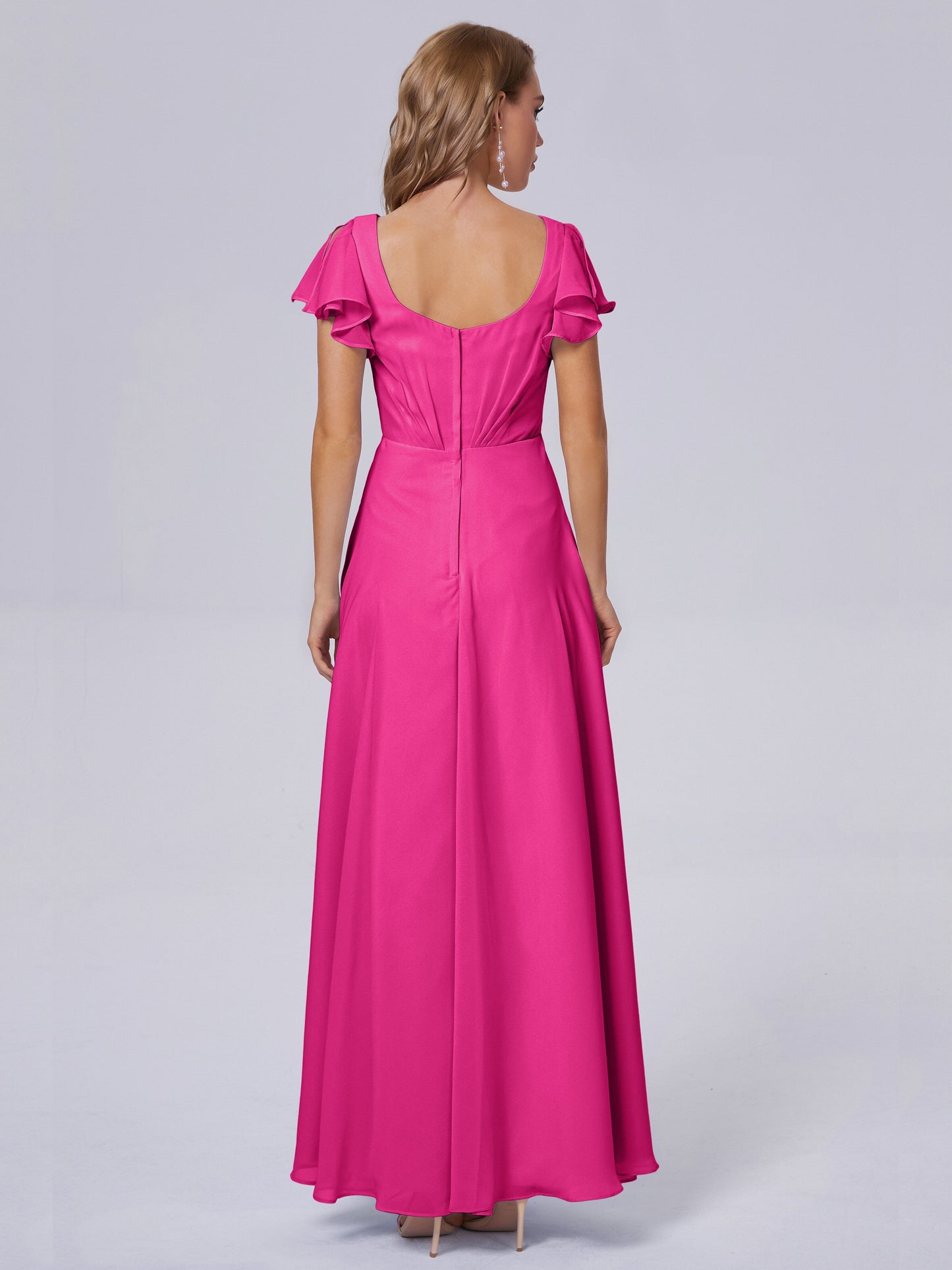 Genevieve V Neck Chiffon Long Bridesmaid Dresses with Sleeves