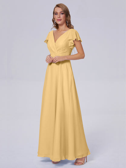 Genevieve V Neck Chiffon Long Bridesmaid Dresses with Sleeves