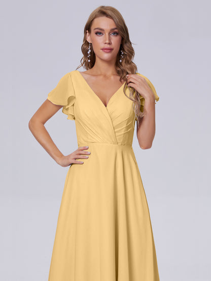 Genevieve V Neck Chiffon Long Bridesmaid Dresses with Sleeves