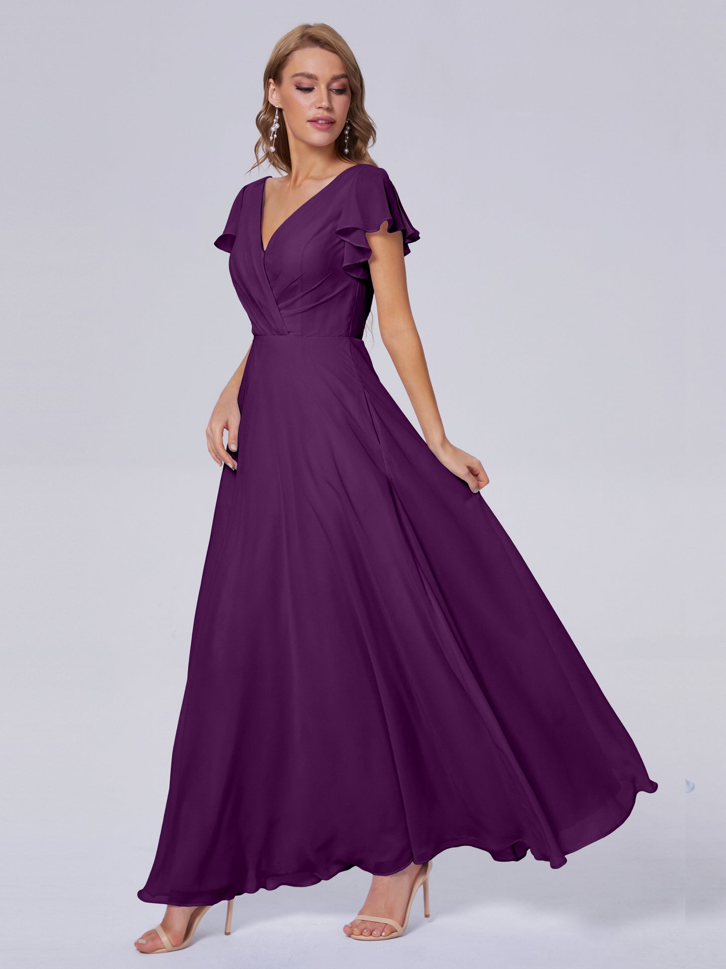 Genevieve V Neck Chiffon Long Bridesmaid Dresses with Sleeves