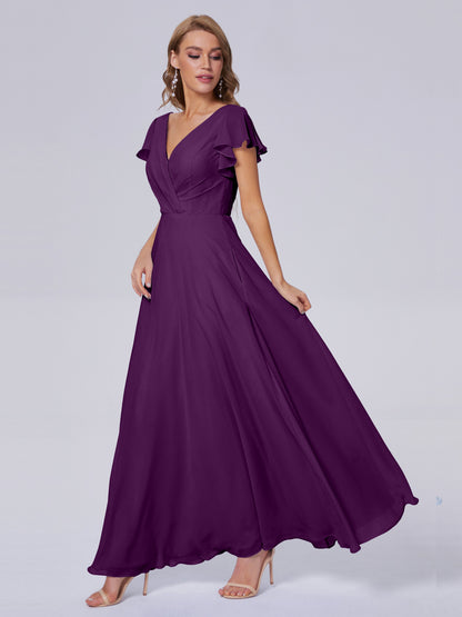 Genevieve V Neck Chiffon Long Bridesmaid Dresses with Sleeves