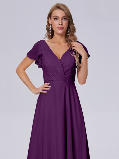 Genevieve V Neck Chiffon Long Bridesmaid Dresses with Sleeves