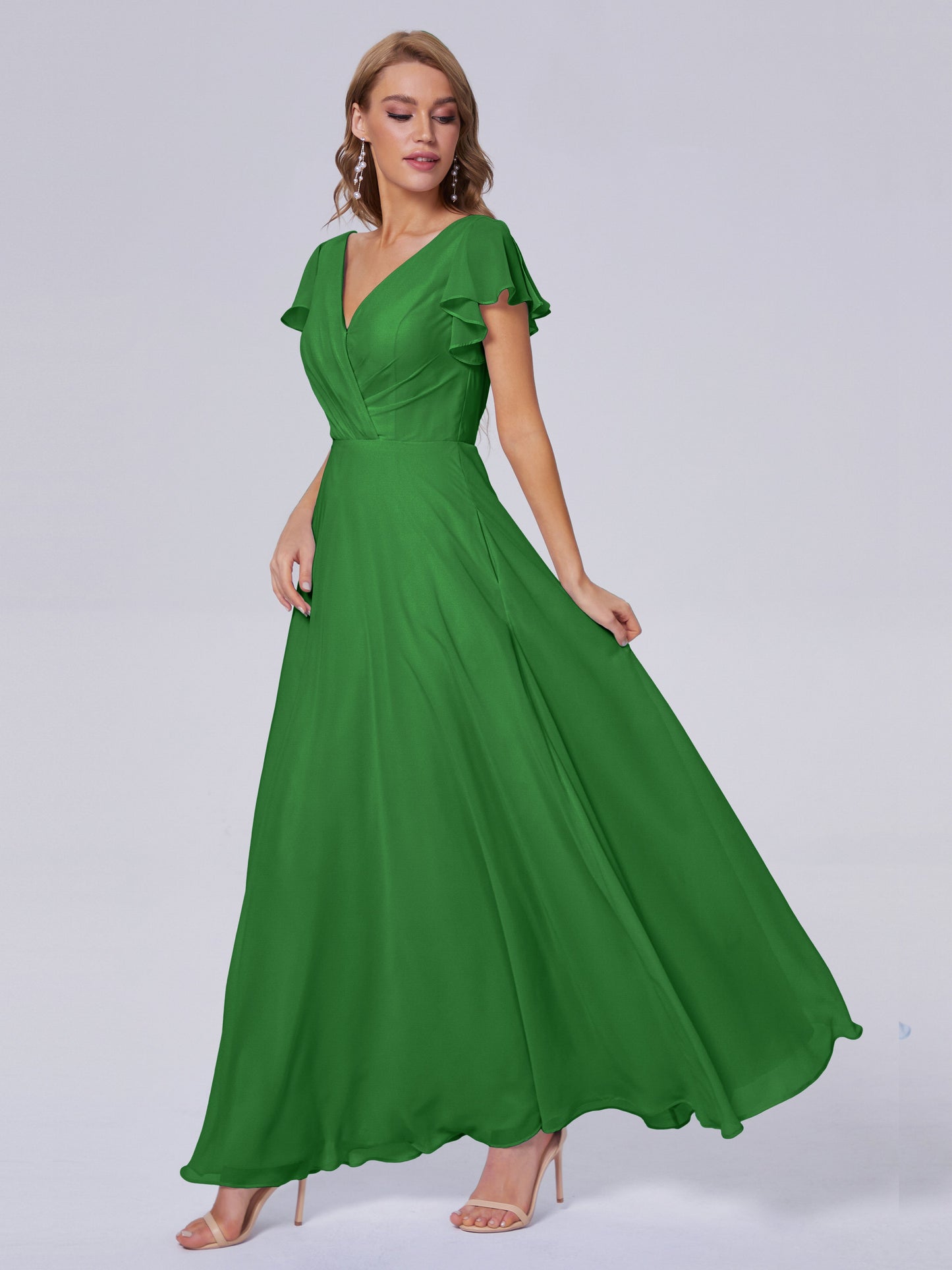 Genevieve V Neck Chiffon Long Bridesmaid Dresses with Sleeves