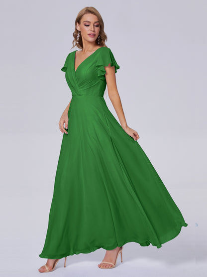 Genevieve V Neck Chiffon Long Bridesmaid Dresses with Sleeves