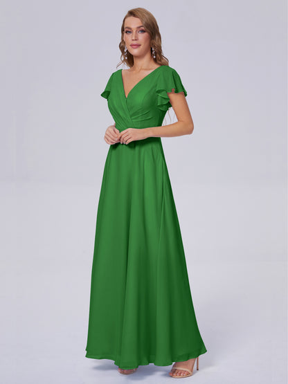 Genevieve V Neck Chiffon Long Bridesmaid Dresses with Sleeves