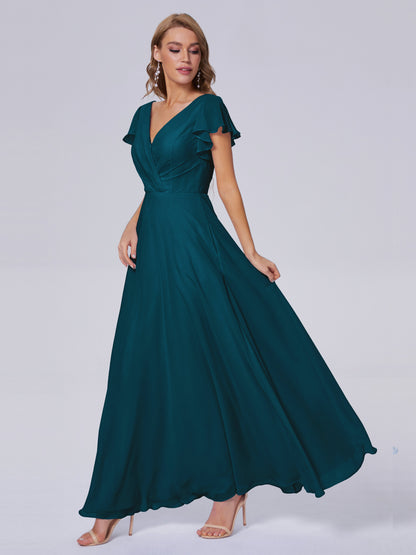 Genevieve V Neck Chiffon Long Bridesmaid Dresses with Sleeves