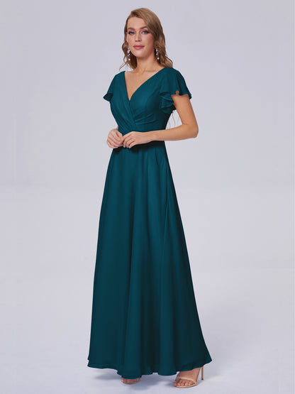 Genevieve V Neck Chiffon Long Bridesmaid Dresses with Sleeves
