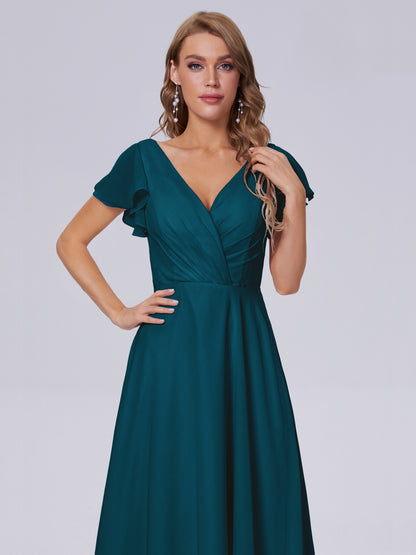 Genevieve V Neck Chiffon Long Bridesmaid Dresses with Sleeves