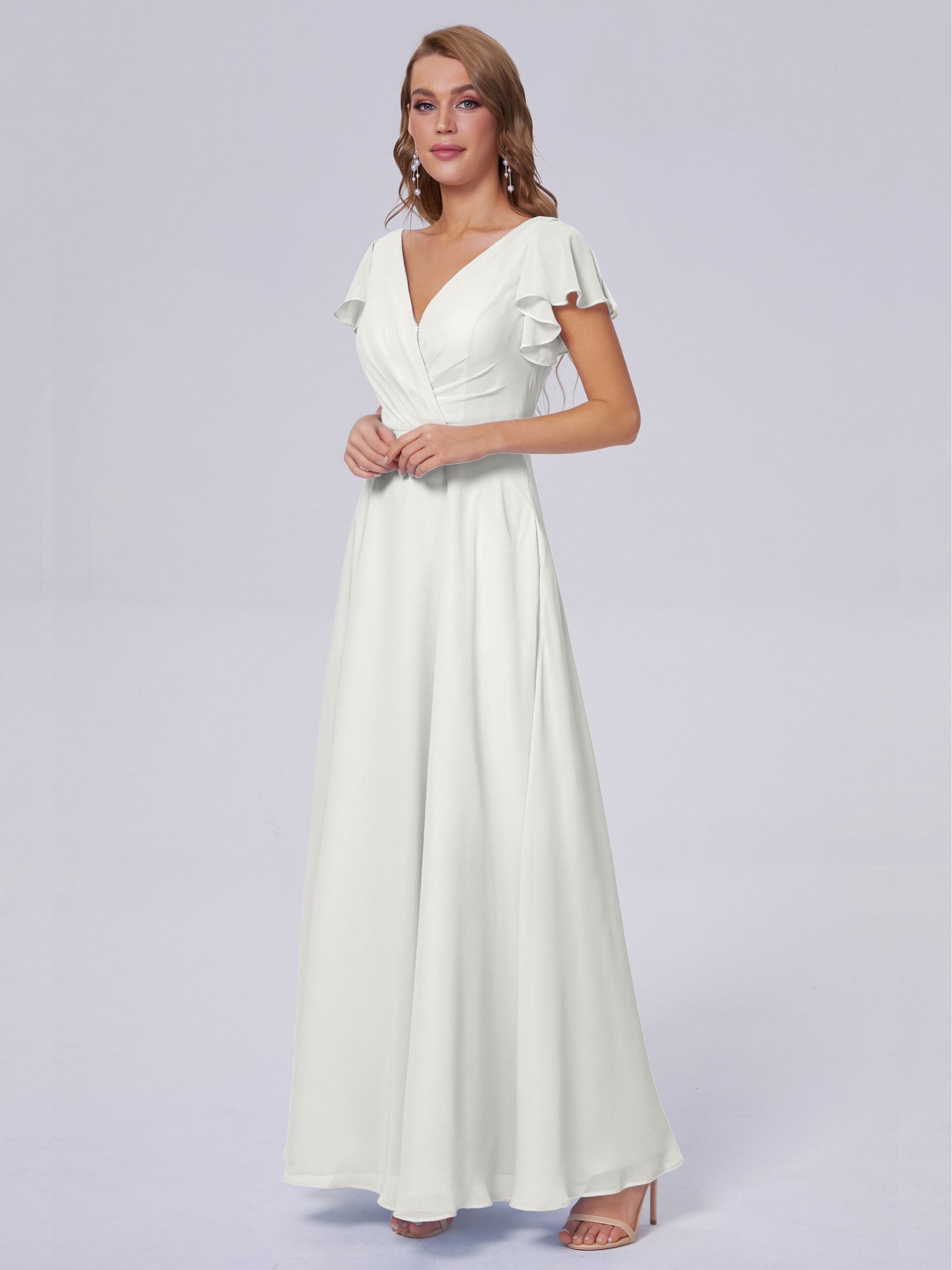 Genevieve V Neck Chiffon Long Bridesmaid Dresses with Sleeves
