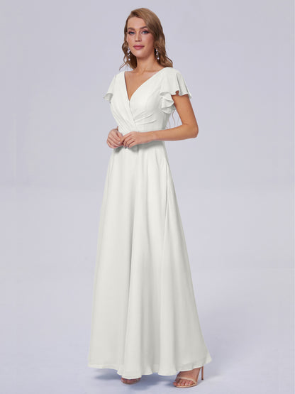 Genevieve V Neck Chiffon Long Bridesmaid Dresses with Sleeves