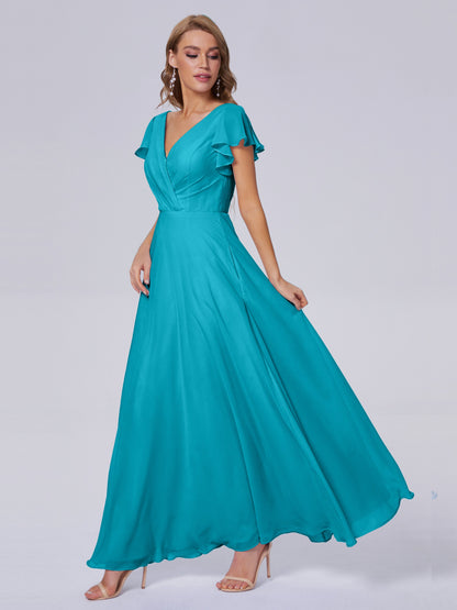 Genevieve V Neck Chiffon Long Bridesmaid Dresses with Sleeves