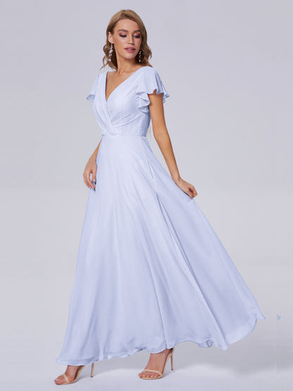 Genevieve V Neck Chiffon Long Bridesmaid Dresses with Sleeves