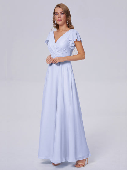 Genevieve V Neck Chiffon Long Bridesmaid Dresses with Sleeves
