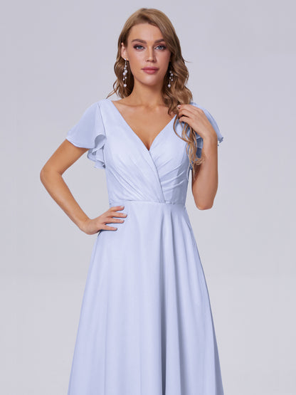 Genevieve V Neck Chiffon Long Bridesmaid Dresses with Sleeves